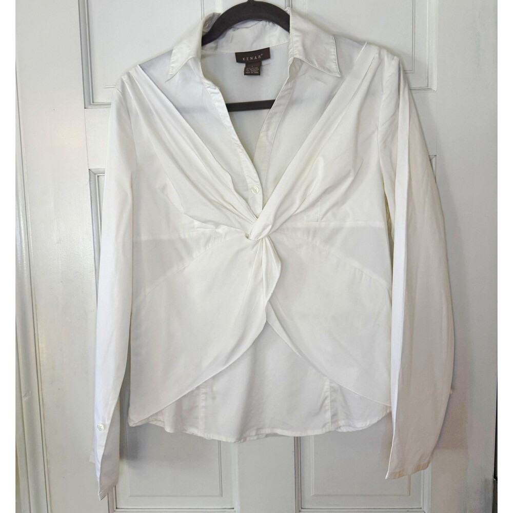 Kenar Womens L White Twist Front Button Down Shirt Stretch Cotton Blouse